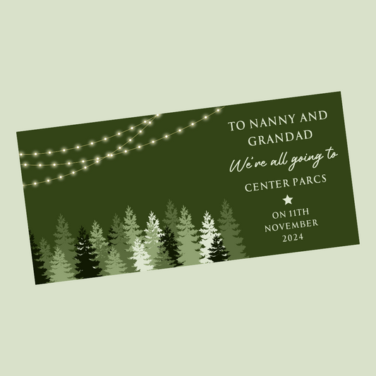 Surprise Ticket Print | Personalised Forest Camping, Glamping Holiday Staycation Ticket Pass Voucher Membership | Gift Idea