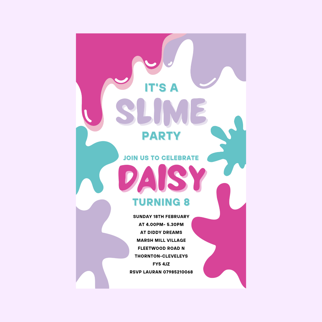 Pink Purple Slime Birthday Invitations | A6 Invites | Slime Theme Invitations | Party Invitations