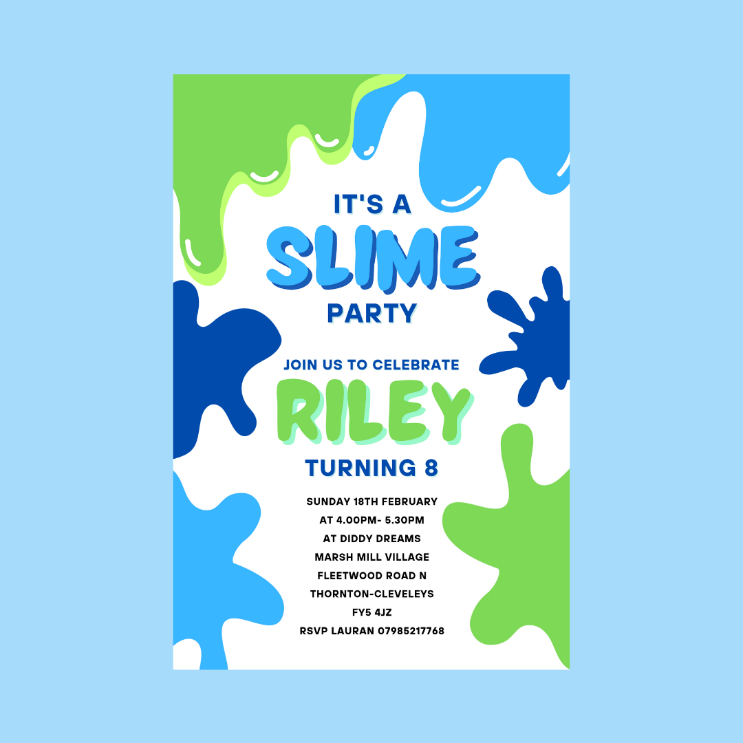 Blue Green Slime Birthday Invitations | A6 Invites | Slime Theme Invitations | Party Invitations