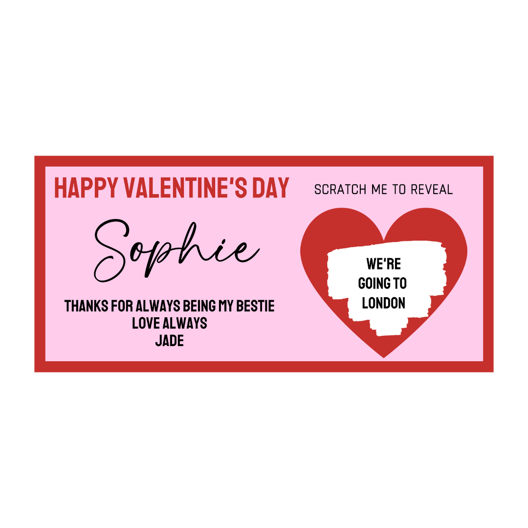 Red & Pink Surprise Valentine Ticket Print | Personalised Valentine Ticket | Valentine Scratch Reveal | Bestie, Best Friend Valentine | Gift Idea, Design 2