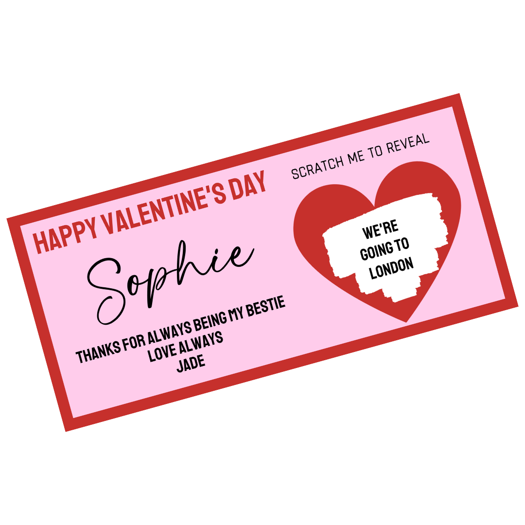 Red & Pink Surprise Valentine Ticket Print | Personalised Valentine Ticket | Valentine Scratch Reveal | Bestie, Best Friend Valentine | Gift Idea, Design 2