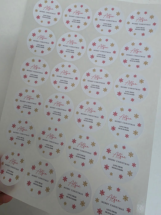 Christmas Stickers | Personalised Christmas Red Gold Snowflake Stickers | Christmas Gift Stickers