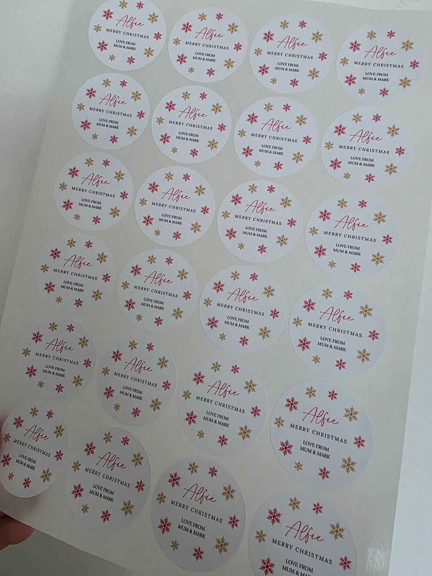 Christmas Stickers | Personalised Christmas Red Gold Snowflake Stickers | Christmas Gift Stickers
