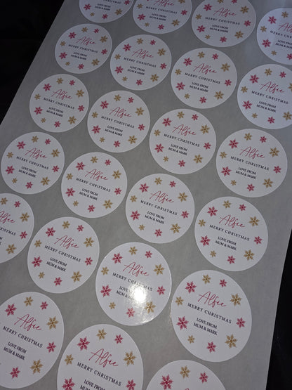 Christmas Stickers | Personalised Christmas Red Gold Snowflake Stickers | Christmas Gift Stickers