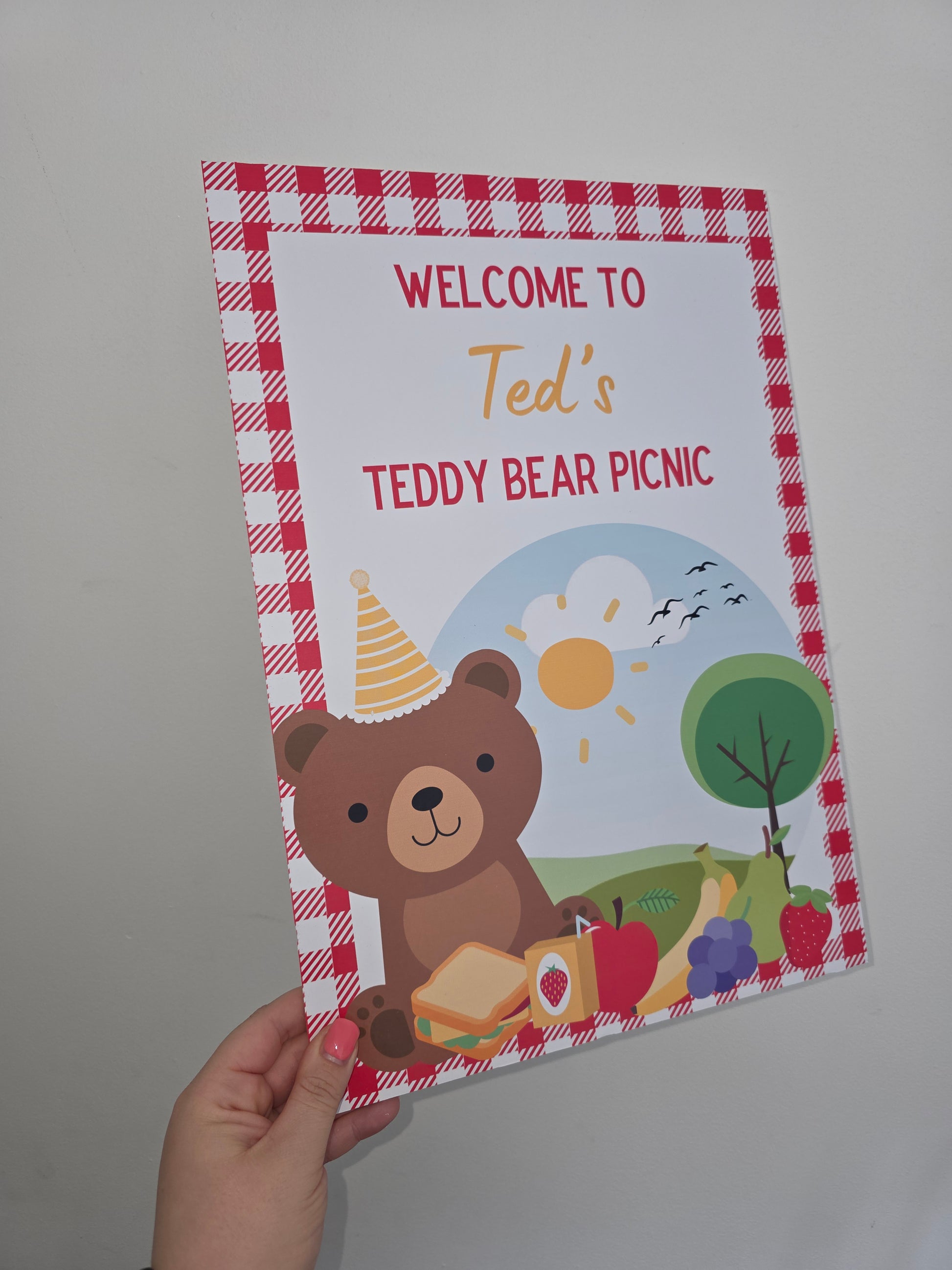 Red Teddy Bear Picnic Welcome Board Sign | Personalised Birthday Board - Print | Birthday Party Sign | A4, A3, A2 - Dinky Designs