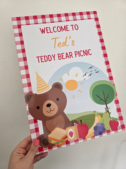 Red Teddy Bear Picnic Welcome Board Sign | Personalised Birthday Board - Print | Birthday Party Sign | A4, A3, A2 - Dinky Designs