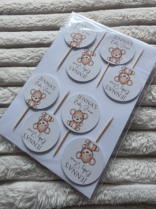 SALE - Cupcake Toppers | 12 x Jenna's Baby Shower Cupcake Toppers - Bear Theme - Dinky Designs