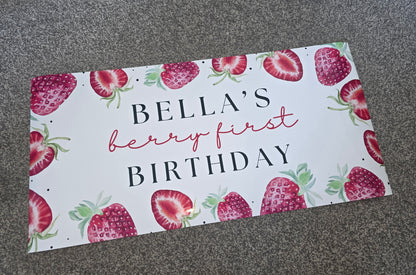 Strawberry Banner | Personalised Strawberry Birthday, Baby Shower, Christening Party Banner | Strawberry Party Theme - Dinky Designs