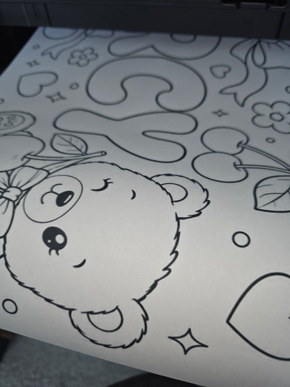 Teddy Bear Cherry Bow Banner | Personalised Party Colouring Banner | Teddy Bear Cherry Bow Party Theme