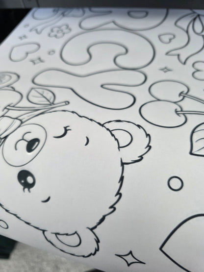 Teddy Bear Cherry Bow Banner | Personalised Party Colouring Banner | Teddy Bear Cherry Bow Party Theme