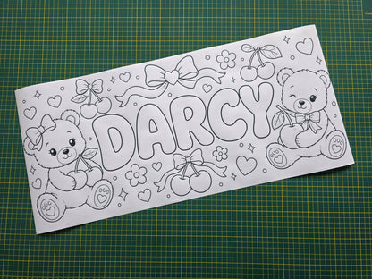 Teddy Bear Cherry Bow Banner | Personalised Party Colouring Banner | Teddy Bear Cherry Bow Party Theme