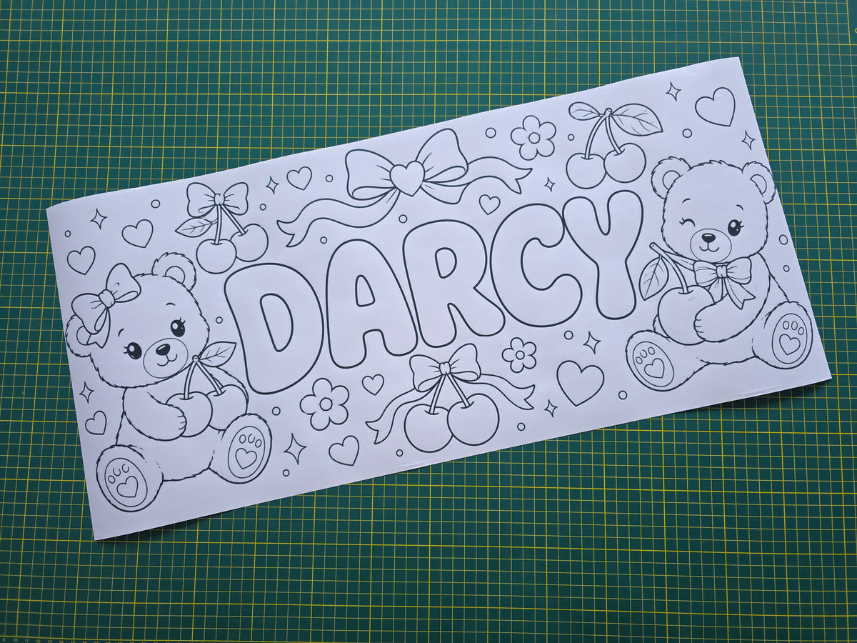 Teddy Bear Cherry Bow Banner | Personalised Party Colouring Banner | Teddy Bear Cherry Bow Party Theme