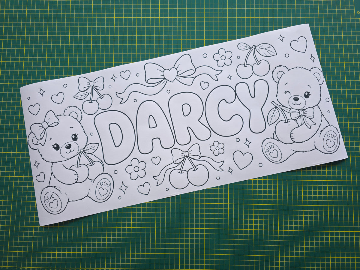 Teddy Bear Cherry Bow Banner | Personalised Party Colouring Banner | Teddy Bear Cherry Bow Party Theme