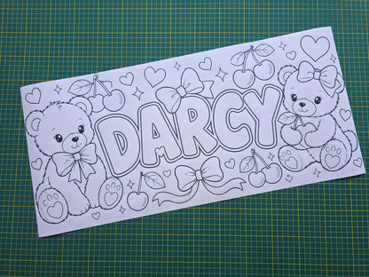 Teddy Bear Cherry Bow Banner | Personalised Party Colouring Banner | Teddy Bear Cherry Bow Party Theme