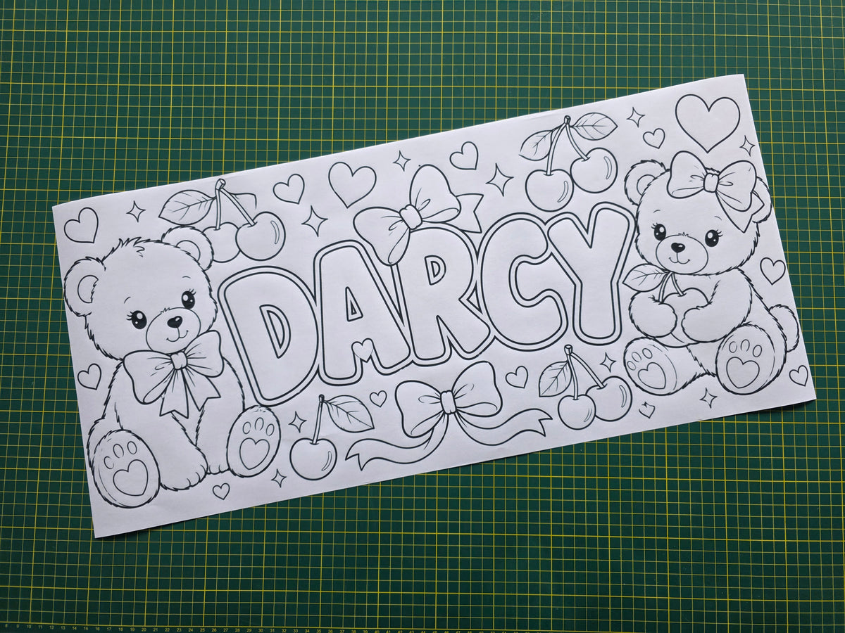 Teddy Bear Cherry Bow Banner | Personalised Party Colouring Banner | Teddy Bear Cherry Bow Party Theme