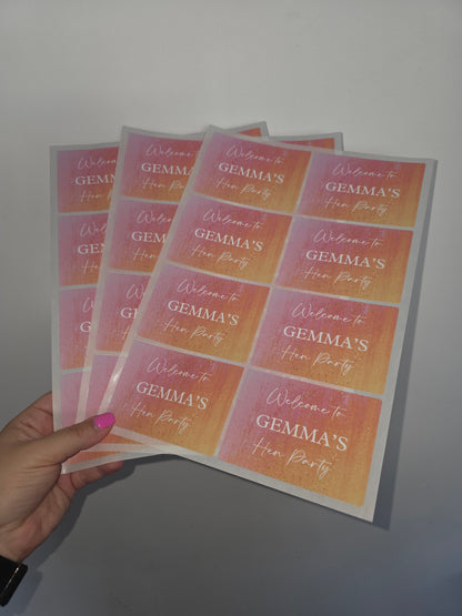Rectangle Stickers | Pink & Orange Party Stickers | Birthday, Hen Party, Wedding, Engagement Stickers | Party Bag Stickers