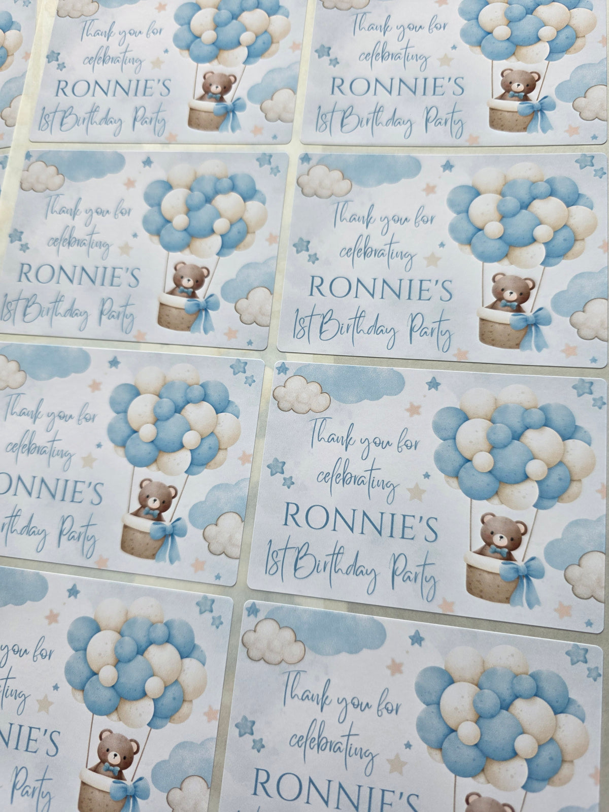 Rectangle Stickers | Blue Teddy Bear Hot Air Balloon Party Stickers | Birthday, Baby Shower, Christening Stickers | Party Bag Stickers