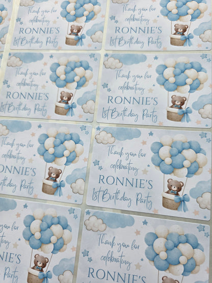 Rectangle Stickers | Blue Teddy Bear Hot Air Balloon Party Stickers | Birthday, Baby Shower, Christening Stickers | Party Bag Stickers