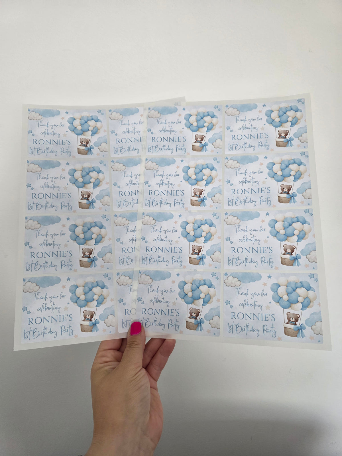 Rectangle Stickers | Blue Teddy Bear Hot Air Balloon Party Stickers | Birthday, Baby Shower, Christening Stickers | Party Bag Stickers