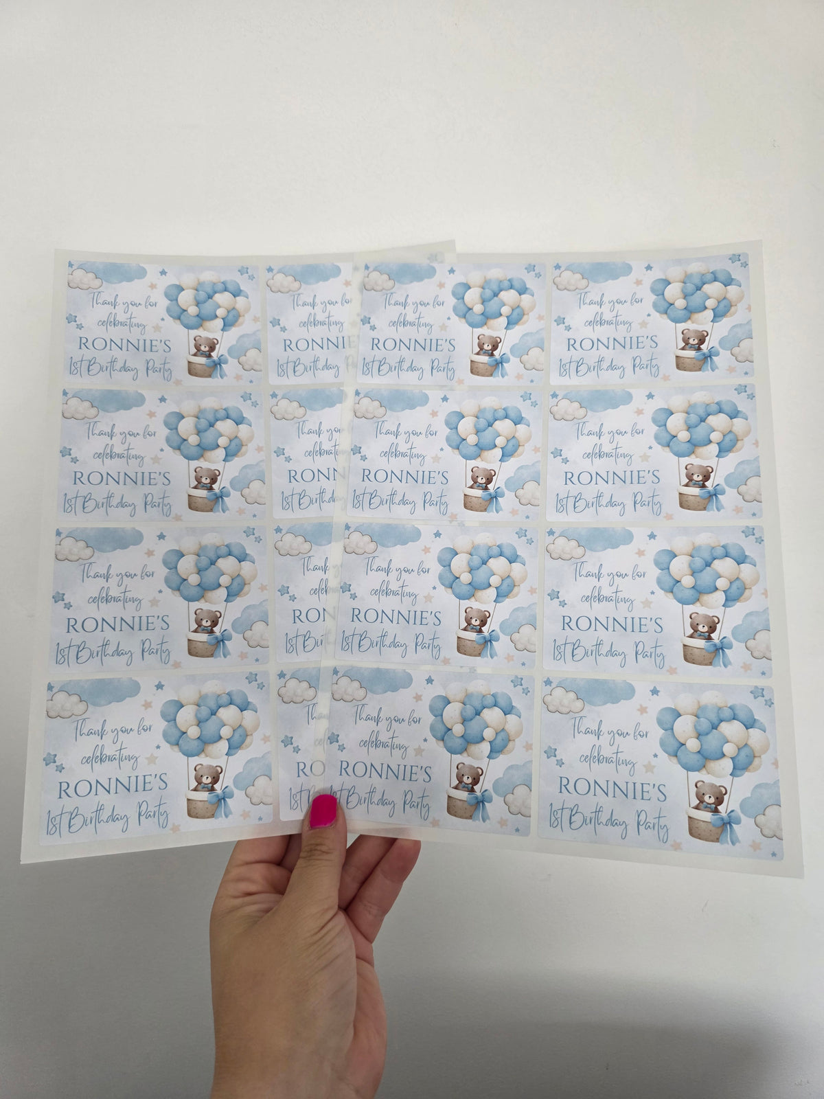 Rectangle Stickers | Blue Teddy Bear Hot Air Balloon Party Stickers | Birthday, Baby Shower, Christening Stickers | Party Bag Stickers