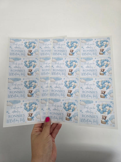 Rectangle Stickers | Blue Teddy Bear Hot Air Balloon Party Stickers | Birthday, Baby Shower, Christening Stickers | Party Bag Stickers