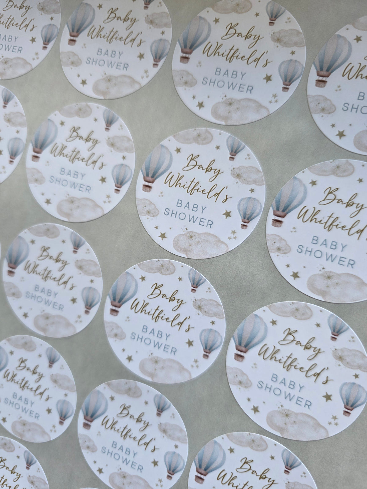 Blue Hot Air Balloon Party Circle Stickers | Baby Shower, Birthday Party Stickers | Blue Hot Air Balloon Party Bag Labels