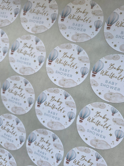 Blue Hot Air Balloon Party Circle Stickers | Baby Shower, Birthday Party Stickers | Blue Hot Air Balloon Party Bag Labels