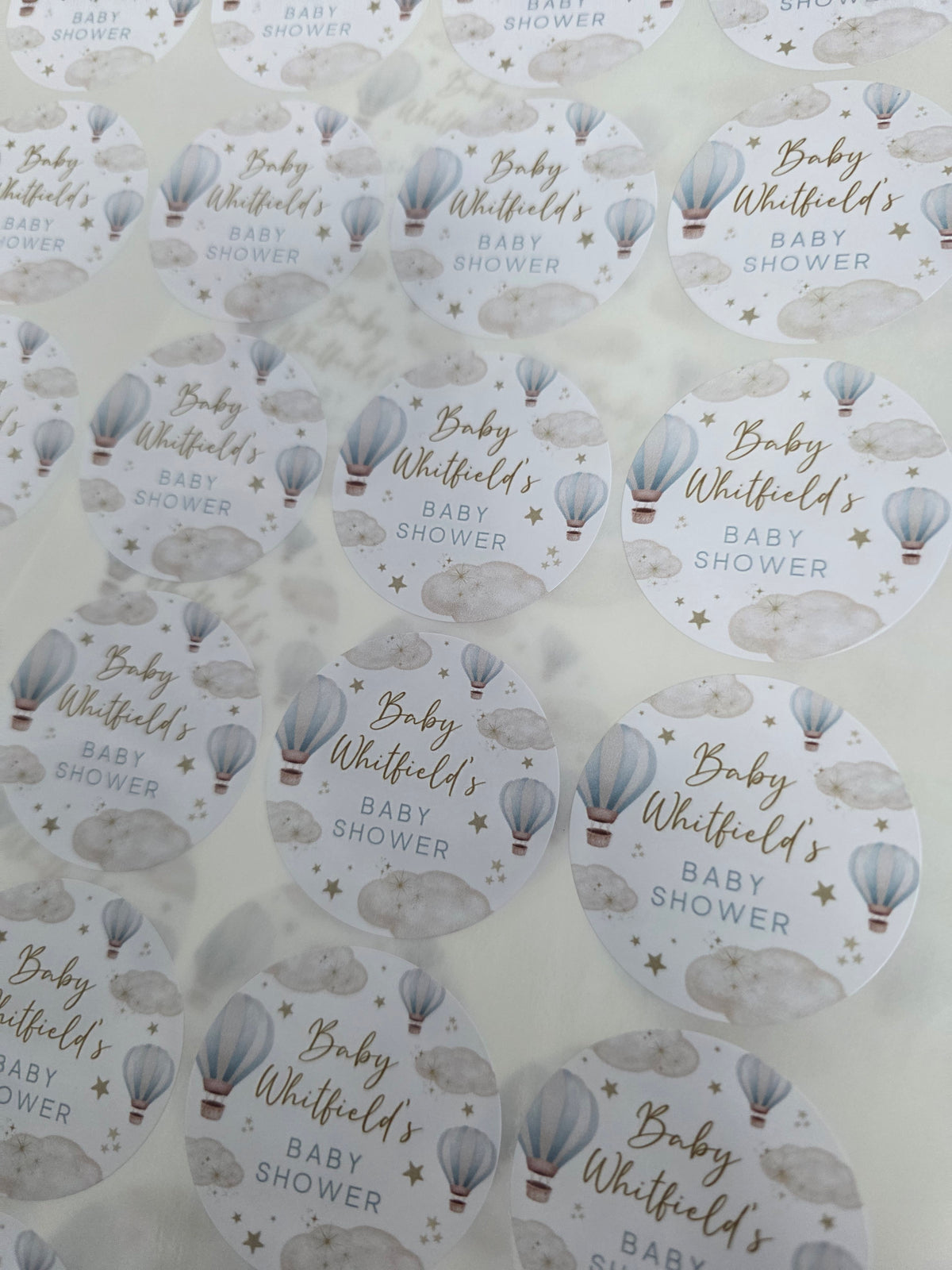 Blue Hot Air Balloon Party Circle Stickers | Baby Shower, Birthday Party Stickers | Blue Hot Air Balloon Party Bag Labels