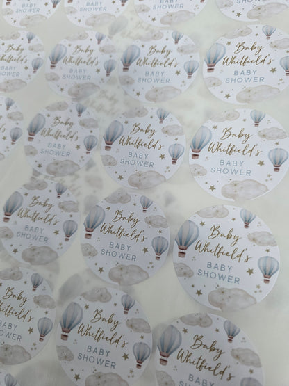 Blue Hot Air Balloon Party Circle Stickers | Baby Shower, Birthday Party Stickers | Blue Hot Air Balloon Party Bag Labels