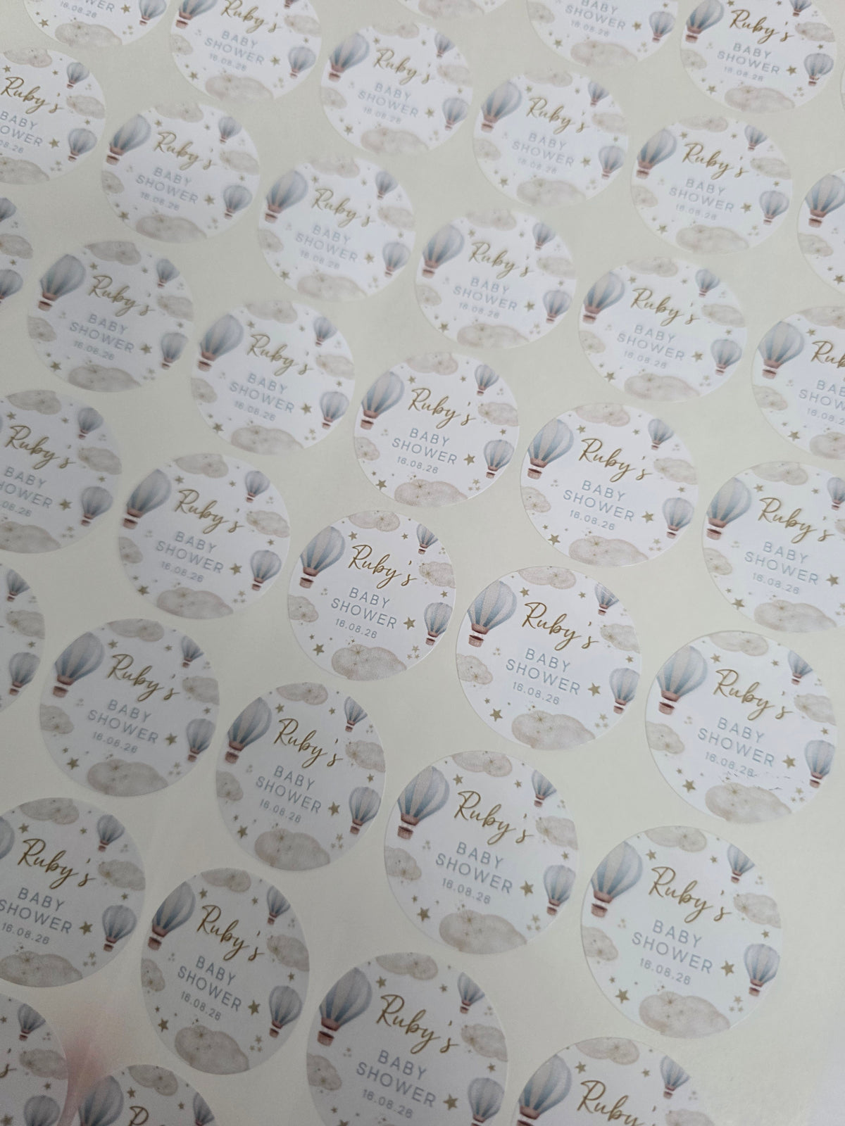 Blue Hot Air Balloon Party Circle Stickers | Baby Shower, Birthday Party Stickers | Blue Hot Air Balloon Party Bag Labels