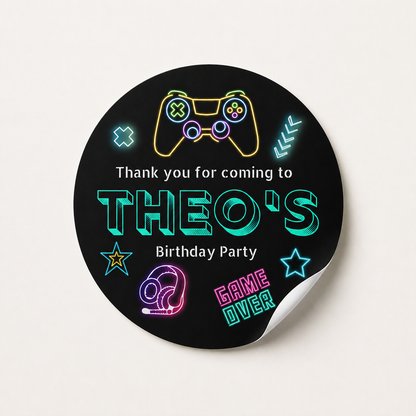 Neon Gaming Party Stickers | Circle Stickers | Sticker Sheet | Party Stickers | Gaming Party Theme - Dinky Designs