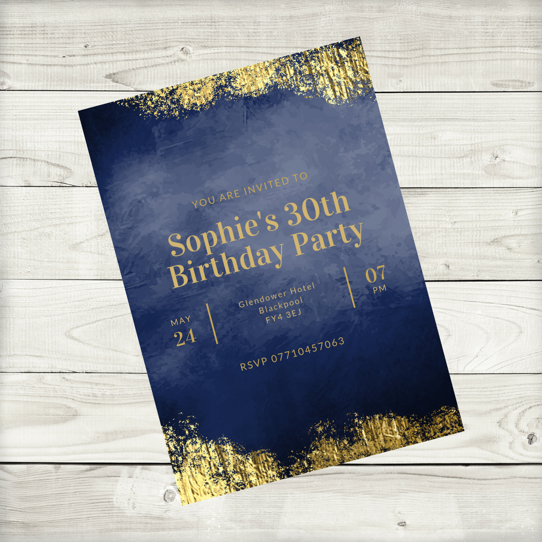 Navy Gold Invitations | A6 Invites | Navy Gold Party Theme | Party Invitations