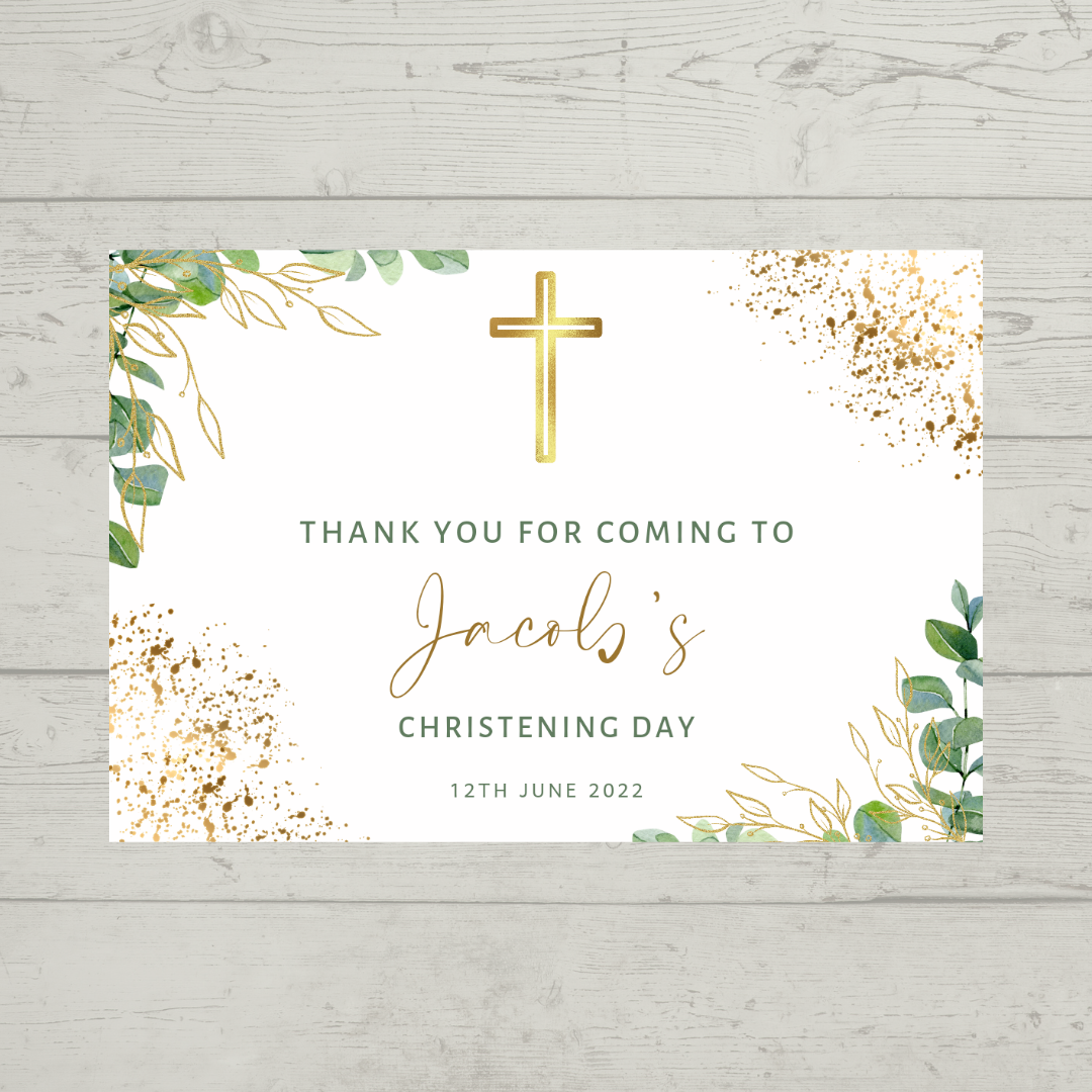 Rectangle Stickers | Gold, Green Leafy, Eucalyptus Party Stickers | Baptism, Christening, Holy Communion Stickers | Party Bag Stickers