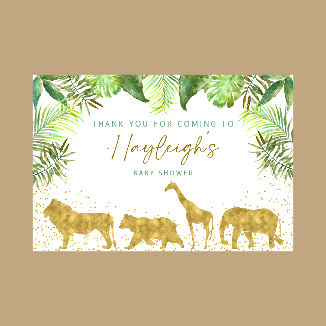 Rectangle Stickers | Gold Safari Zoo Animal Party Stickers | Birthday, Christening, Baby Shower Stickers | Party Bag Stickers