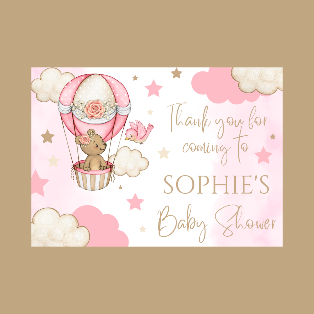 Rectangle Stickers | Pink Teddy Bear Hot Air Balloon Party Stickers | Birthday, Baby Shower, Christening Stickers | Party Bag Stickers