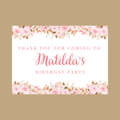 Rectangle Stickers | Pink Floral Roses Party Stickers | Birthday, Baby Shower, Christening Stickers | Party Bag Stickers