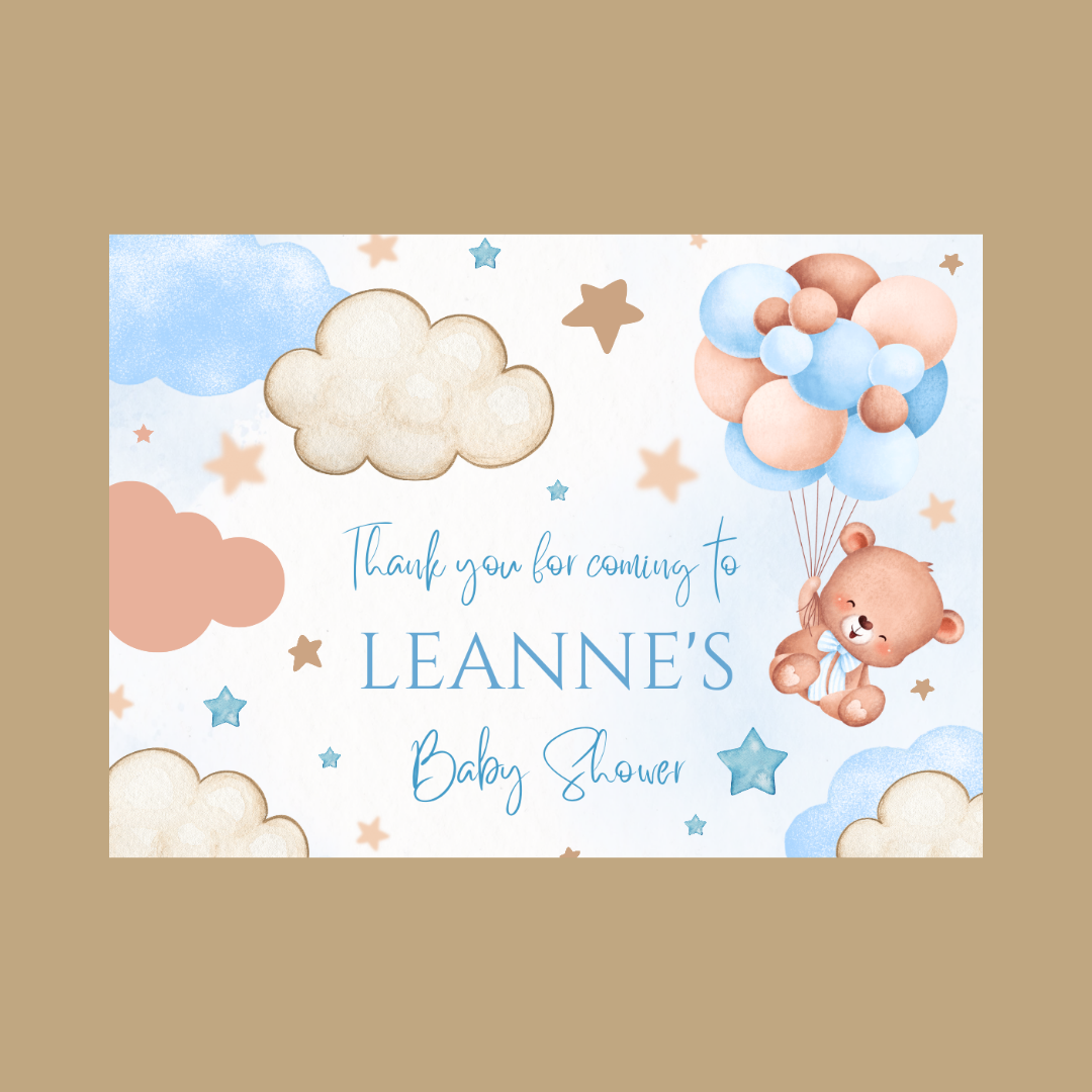 Rectangle Stickers | Blue Teddy Bear Balloon Clouds Party Stickers | Birthday, Baby Shower, Christening Stickers | Party Bag Stickers