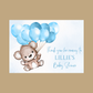 Rectangle Stickers | Blue Teddy Bear Balloon Party Stickers | Birthday, Baby Shower, Christening Stickers | Party Bag Stickers