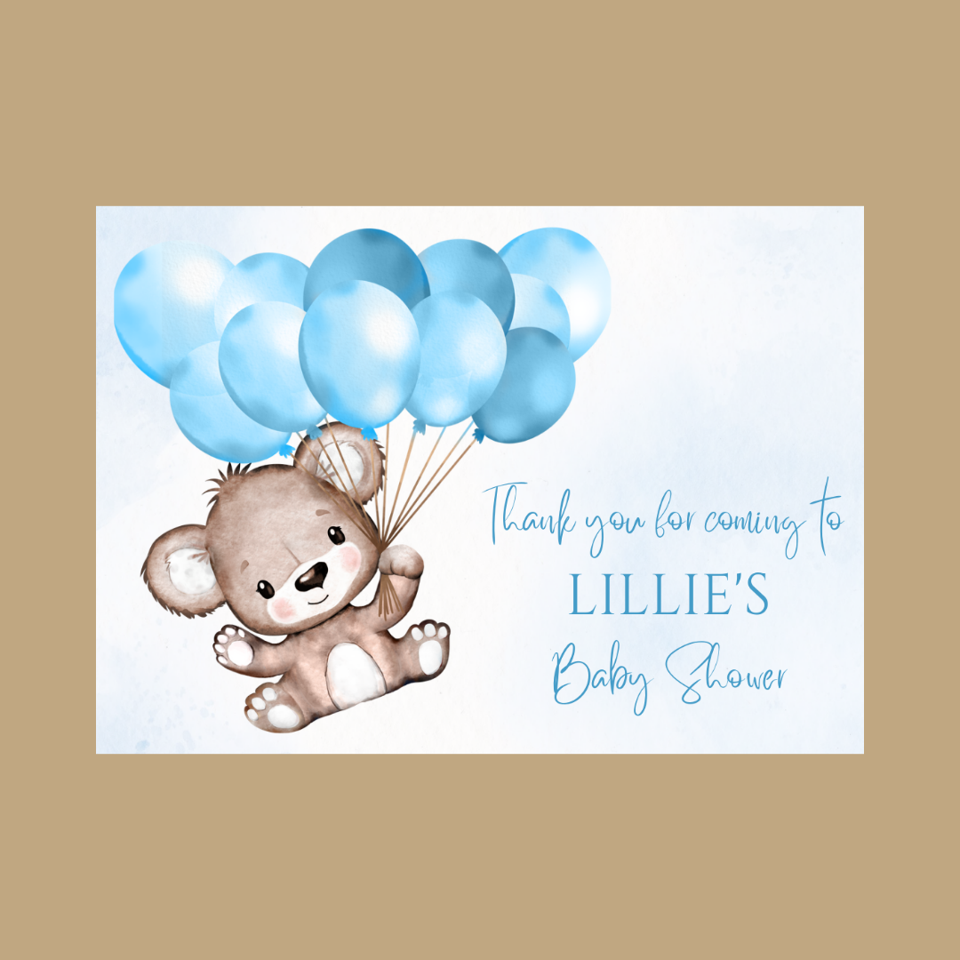 Rectangle Stickers | Blue Teddy Bear Balloon Party Stickers | Birthday, Baby Shower, Christening Stickers | Party Bag Stickers