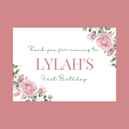 Rectangle Stickers | Pink Floral Roses Party Stickers | Birthday, Baby Shower, Christening Stickers | Party Bag Stickers