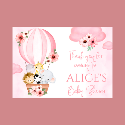 Rectangle Stickers | Pink Animal Air Balloon Party Stickers | Birthday, Baby Shower, Christening Stickers | Party Bag Stickers