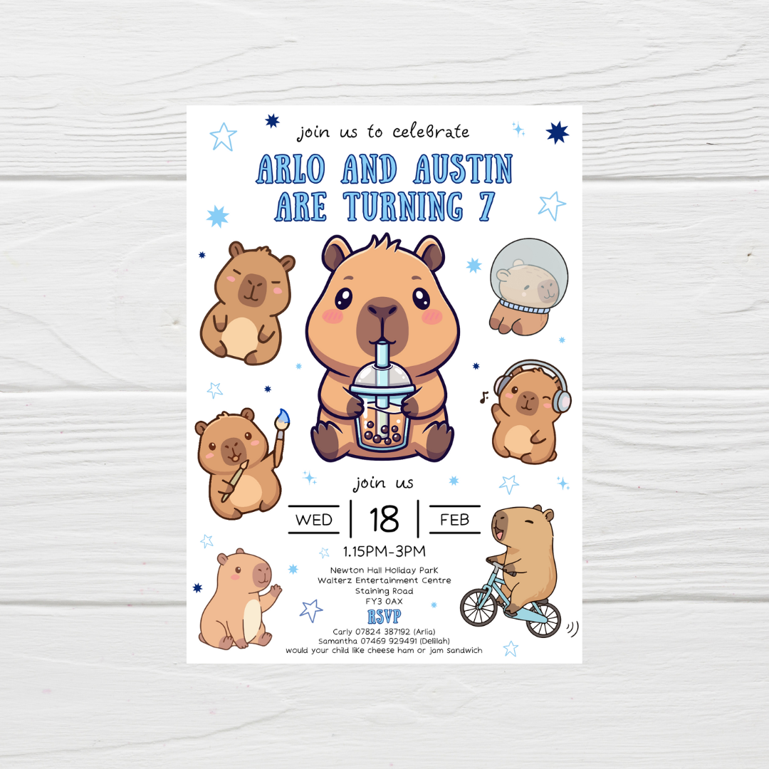 Blue Capybara Party Invitations | A6 Invites | Capybara Theme Invitations | Party Invitations - Dinky Designs
