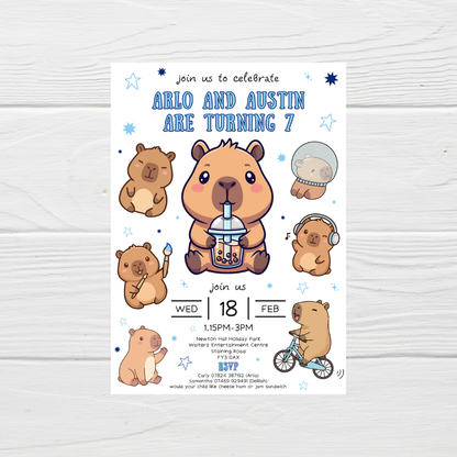 Blue Capybara Party Invitations | A6 Invites | Capybara Theme Invitations | Party Invitations - Dinky Designs