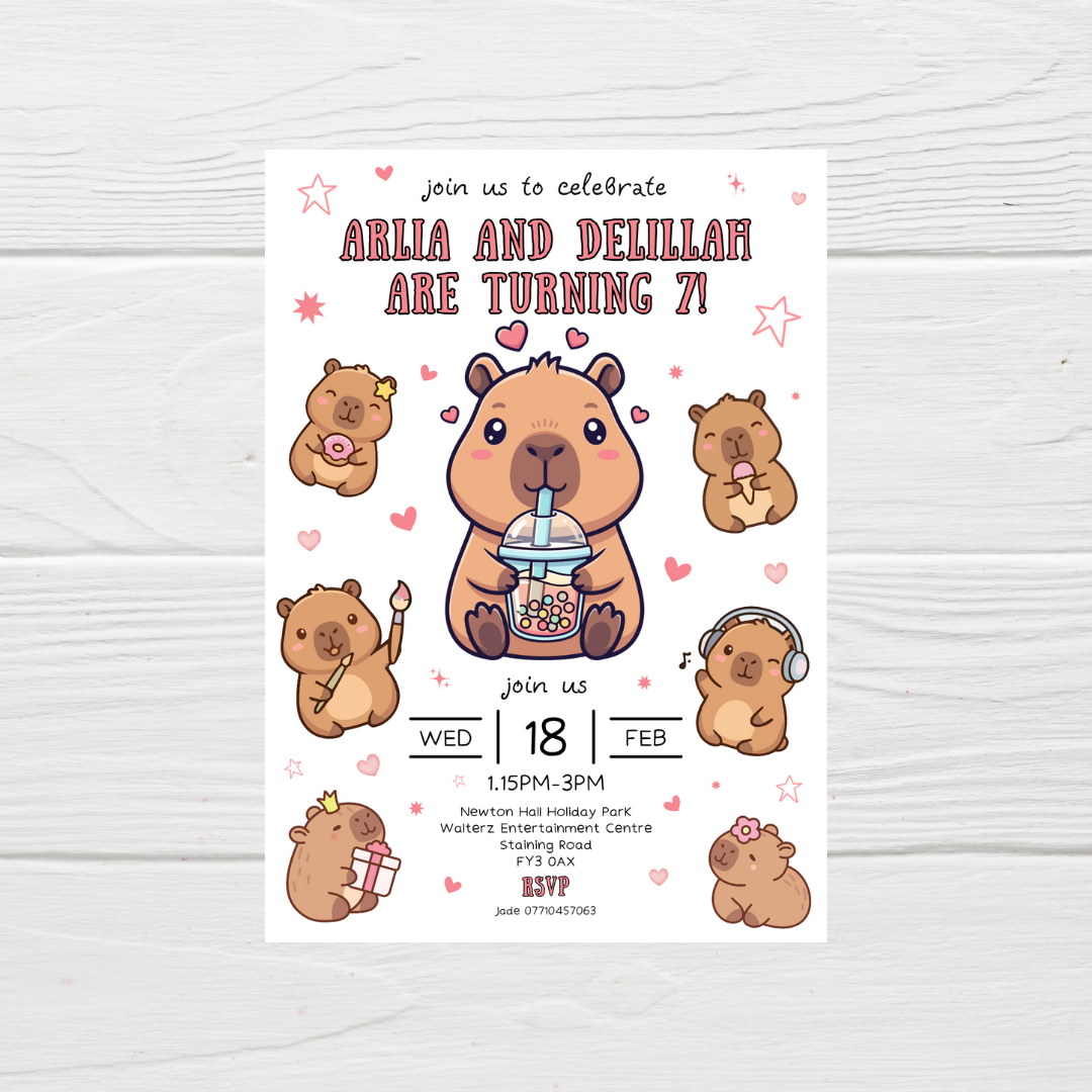 Pink Capybara Party Invitations | A6 Invites | Capybara Theme Invitations | Party Invitations - Dinky Designs