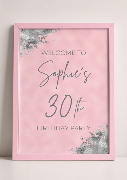 Pink Silver Welcome Print Sign | Personalised Birthday Print | Pink & Silver Birthday Party Table  Print | A4, A3