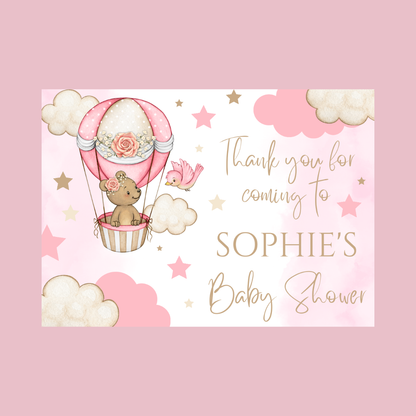 Rectangle Stickers | Pink Teddy Bear Hot Air Balloon Party Stickers | Birthday, Baby Shower, Christening Stickers | Party Bag Stickers