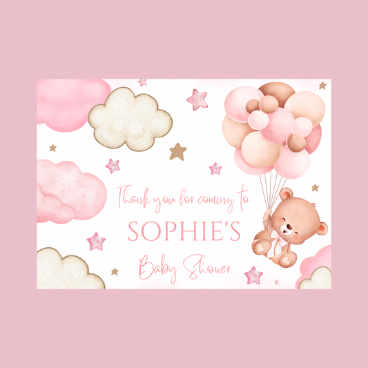 Rectangle Stickers | Pink Teddy Bear Balloon Clouds Party Stickers | Birthday, Baby Shower, Christening Stickers | Party Bag Stickers