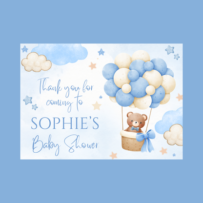 Rectangle Stickers | Blue Teddy Bear Hot Air Balloon Party Stickers | Birthday, Baby Shower, Christening Stickers | Party Bag Stickers