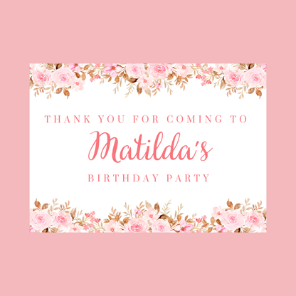 Rectangle Stickers | Pink Floral Roses Party Stickers | Birthday, Baby Shower, Christening Stickers | Party Bag Stickers