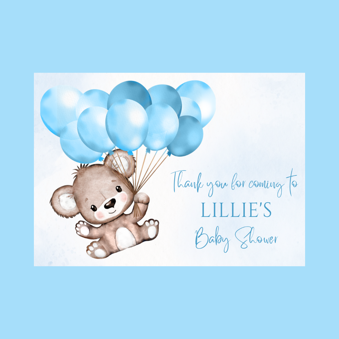 Rectangle Stickers | Blue Teddy Bear Balloon Party Stickers | Birthday, Baby Shower, Christening Stickers | Party Bag Stickers
